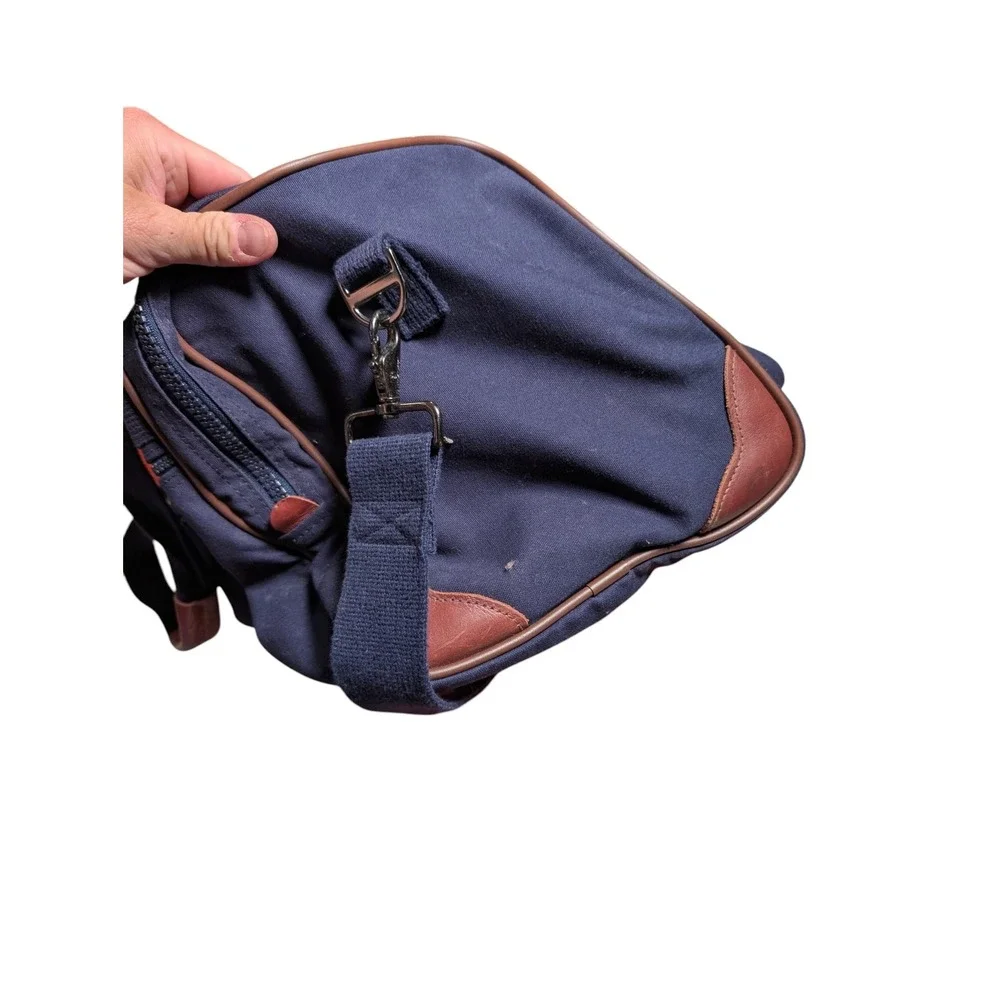 Lands' End Square Rigger Duffel Bag Navy Blue Canvas Leather Trim Travel Luggage
